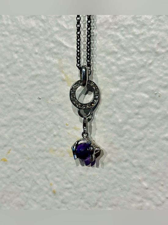Vintage Jewelry - Vintage Y2K Silver Necklace with Purple Crystal Pig Pendant